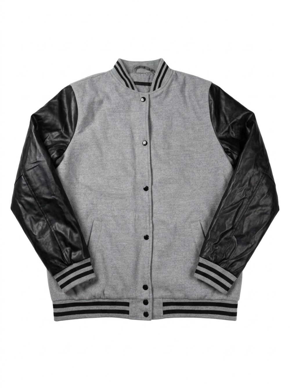 Forever 21 Varsity Letterman Jacket Men's Medium Grey Faux Leather Sleeves